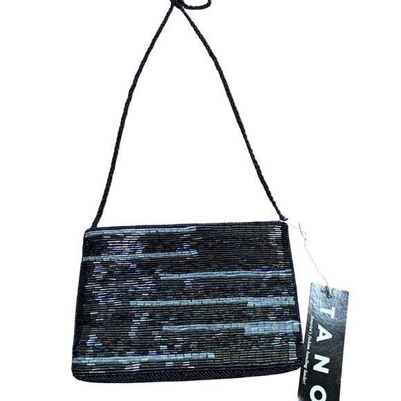 Vintage beaded evening bag black satin shoulderbag NEW tagged Tano 1990’s dressy - Picture 12 of 12